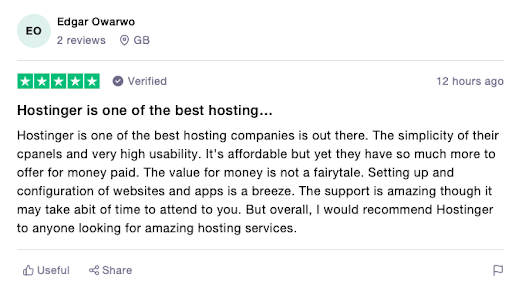 screenshot of trustpilot review for Hostinger