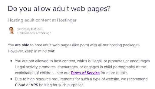 screenshot of hostinger saying that they are able to host adult web pages like porn