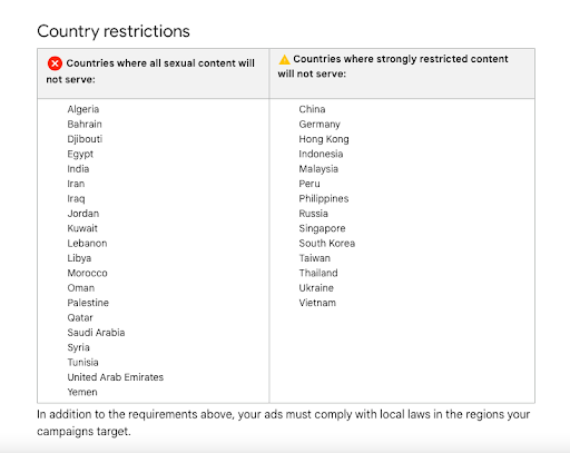 google regional policies for promoting sex toys