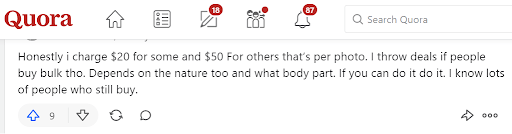 A user from Quora sharing thoughts about how much to charge for nudes