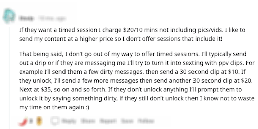 Reddit user says her experience about sexting service price and how to charge based on session