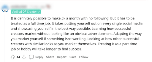 Reddit user thread about making money on onlyfans for beginnners