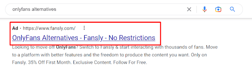 screenshot of website like onlyfans running ads on google 