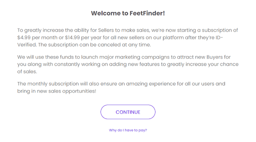 Screenshot of FeetFinder Welcome message