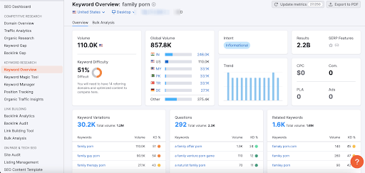 screenshot of semrush porn niche search volume