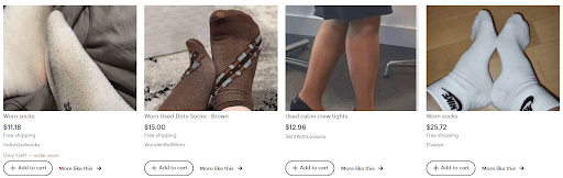 listings of used socks on Etsy