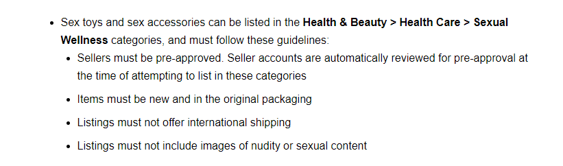 Section of the guidelines for selling sex toys on eBay