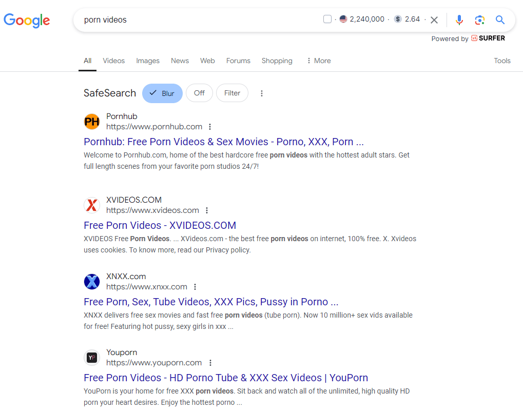 Google SERP Displaying "Porn Videos" Query Results