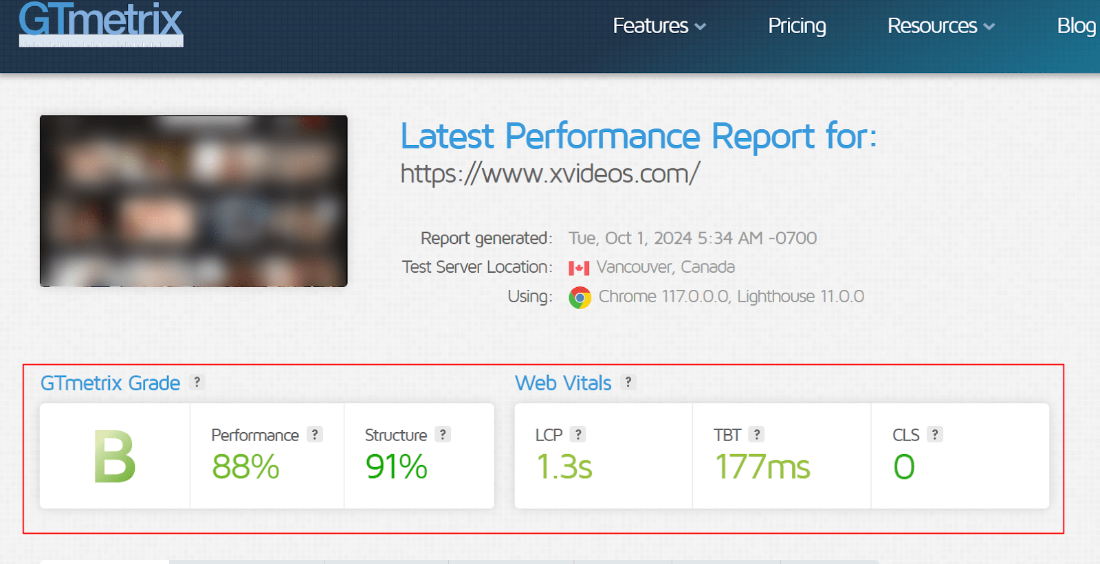 Gtmetrix Analysis of Xvideos