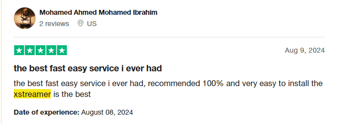 Trustpilot review highlighting fast service by Adent.io for xStreamer