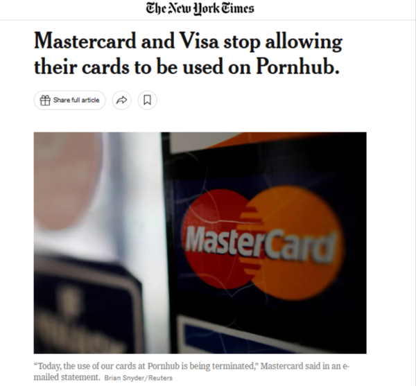 Master Card and Visa Stopping Their Services On Pornhub