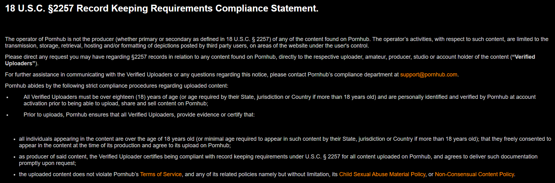 18 U.S.C. 2257 Compliance Declaration from Pornhub