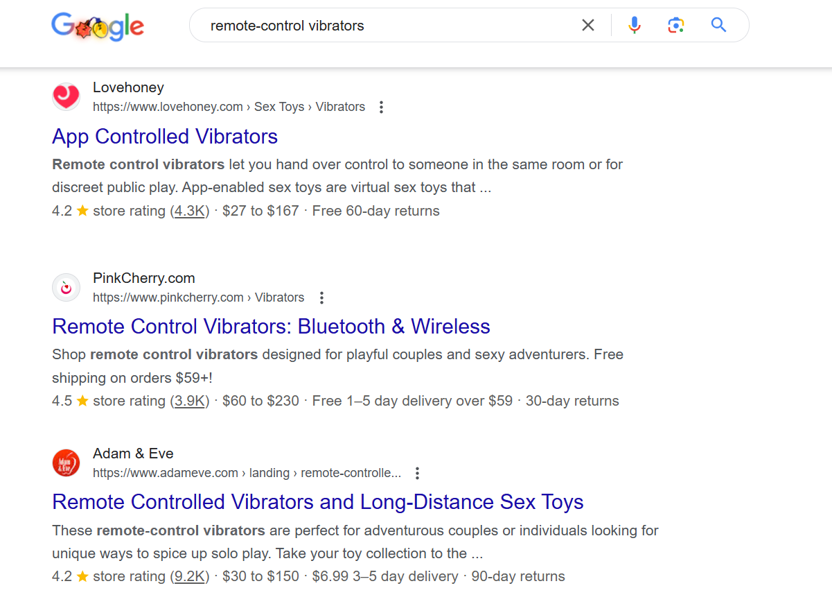 Remote Control Vibrators Search Result in Google Search Leading to Some of the Prominent Sex Stores