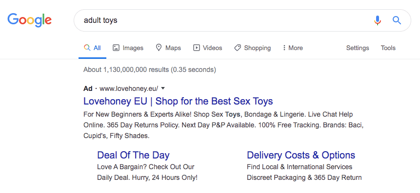 Google Ad Showing Sex Toy Business On Entering Right Search Term