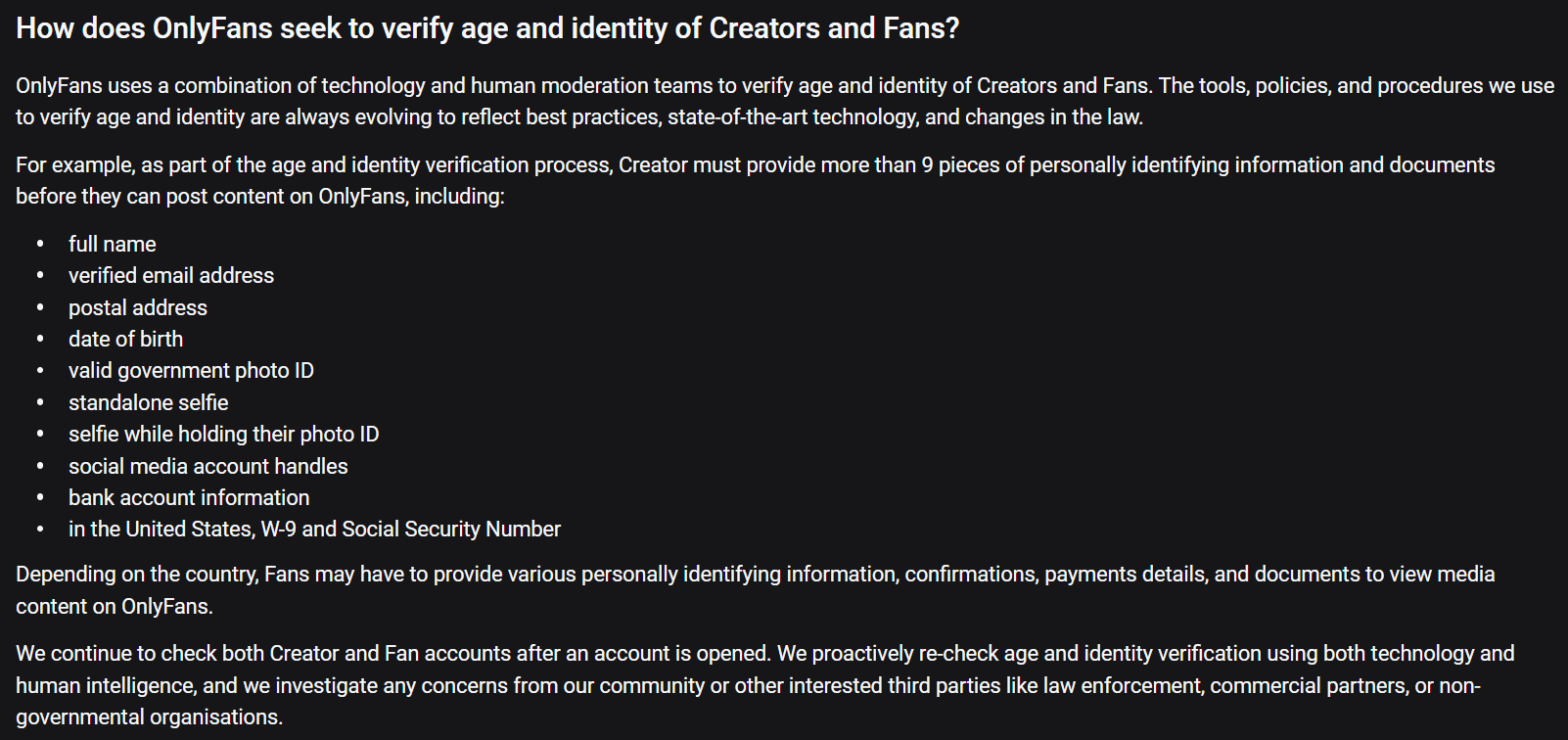 OnlyFans Terms of Use Page