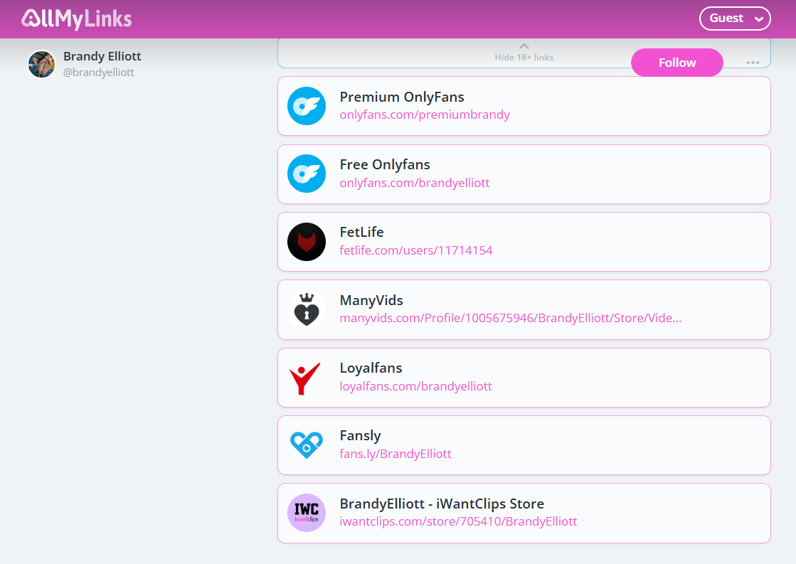 Brandy Elliot’s centralized profile page using AllMyLinks tool to showcase her social media and content links