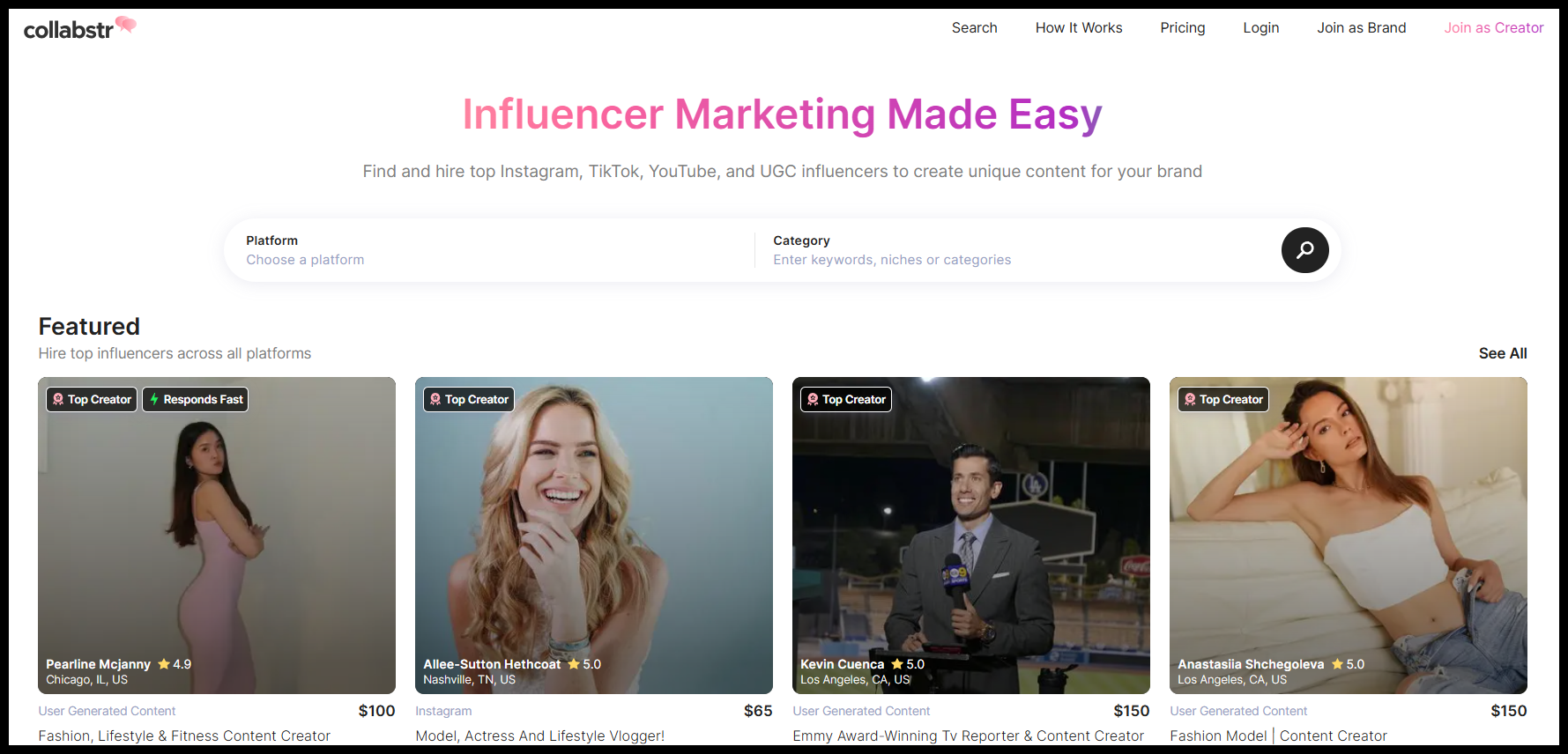 Screenshot of Collabstr an Influencer platform connecting brands with verified creators for paid collabs.