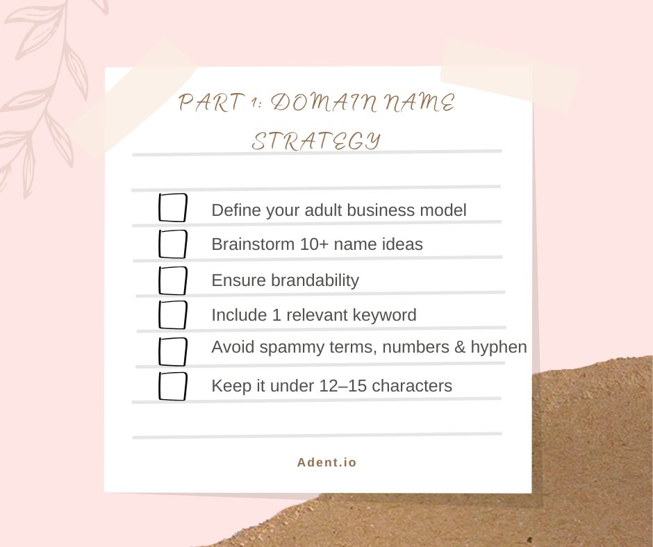Checklist for creating a domain name strategy for adult businesses including tips from Adent.io