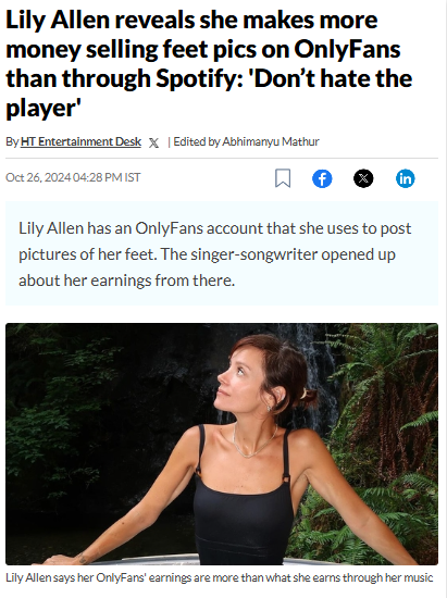 screenshot of Hindustan Times reports Lily Allen expands OnlyFans content by selling feet pics