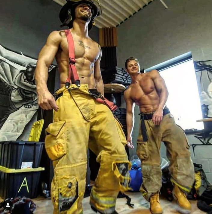 Firefighter-themed male entertainer from Magic Men Live wearing costume and posing confidently