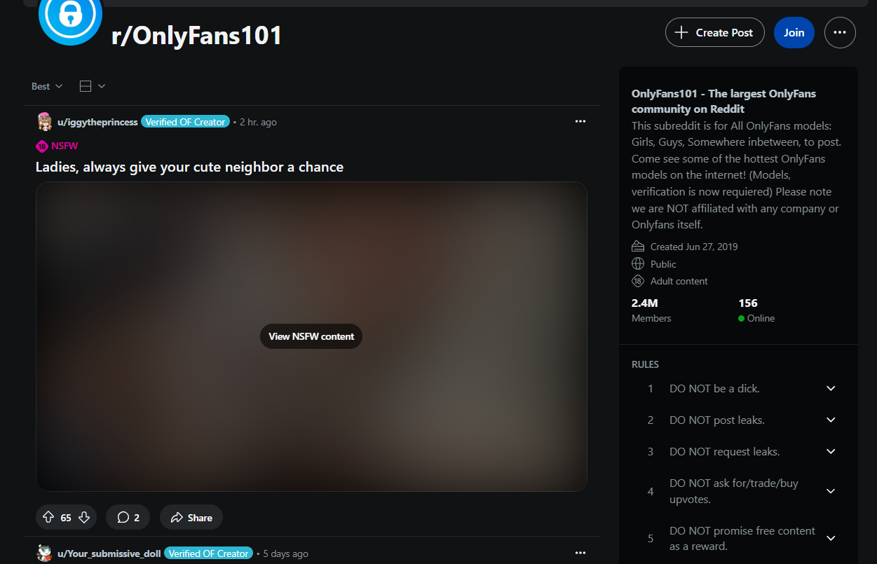 Screenshot of OnlyFans subreddit used for recruiting models