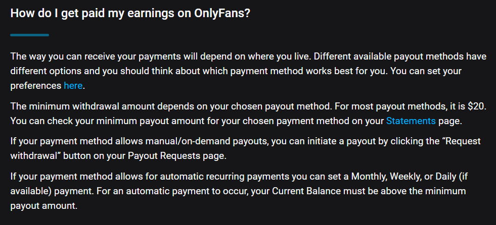OnlyFans payout instructions for receiving earnings