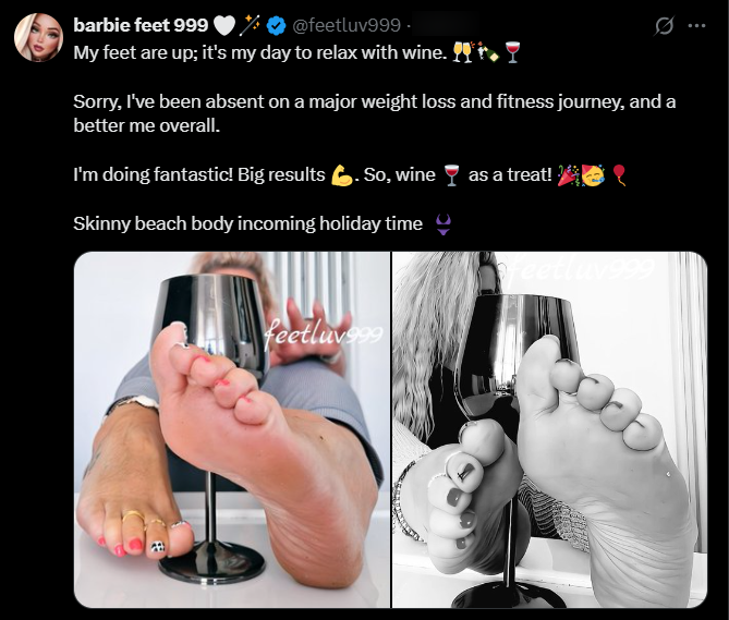 Screenshot of a feetpic model displaying her feet while covering her face with a champagne glass