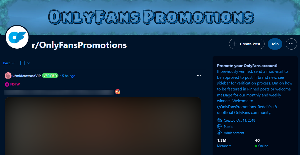 Screenshot of subreddit r/OnlyFansPromotions community page for promoting OnlyFans creators