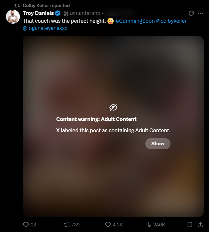 Screenshot of Troy Daniels’ adult content tweet reposted by Colby Keller on X