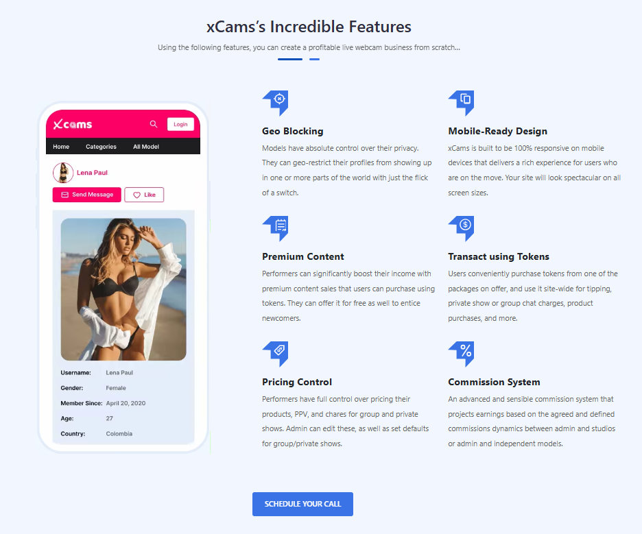 Screenshot of Adent xCams adult webcam script user interface displaying key features