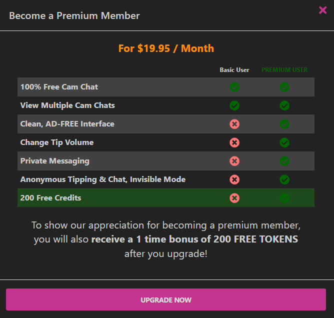 CamSoda Premium chart showing ad-free access, private chat, multiple cams, and 200 free tokens