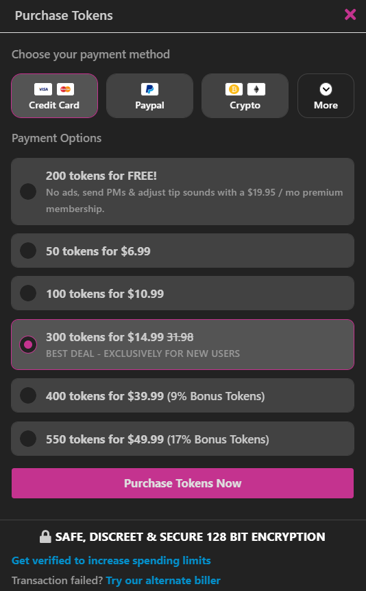CamSoda token pricing plans and payment options including credit card, PayPal, and crypto