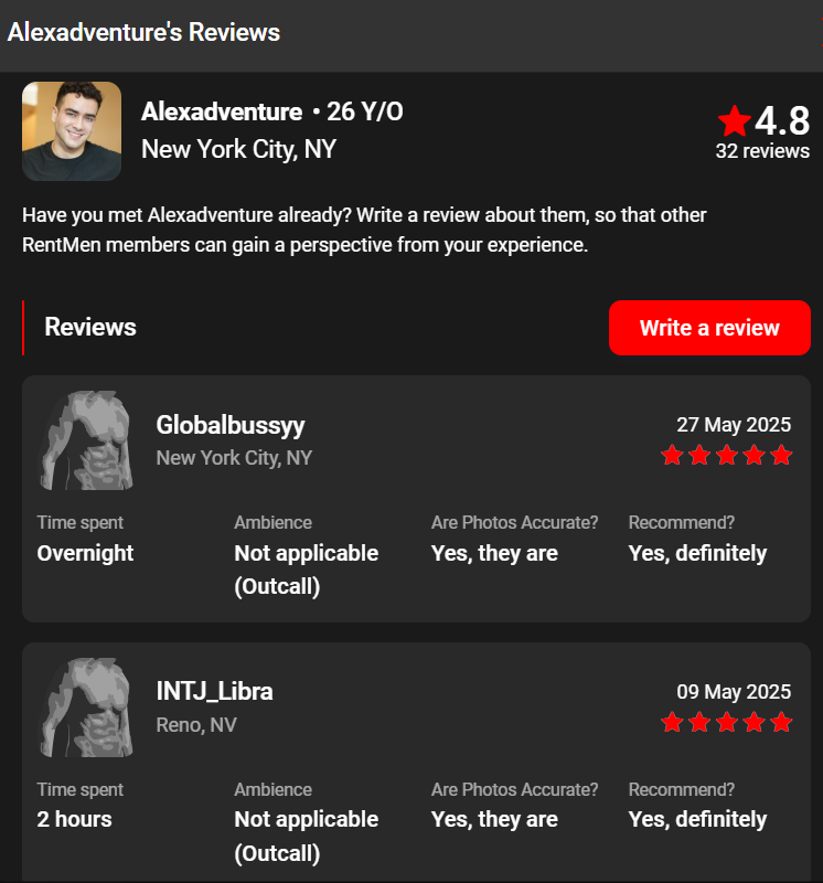 alexadventure male escort rent.men profile with 4.8 rating and verified client reviews from new york and reno