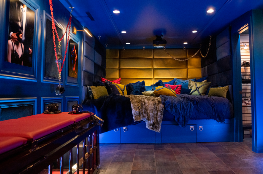 Room decorated and lit for filming homemade adult videos.