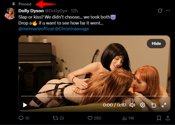 dolly dyson pinned on x to promte video