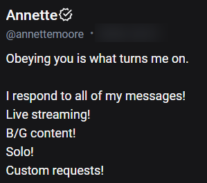 Annette's profile with message replies, live streaming, B/G, solo content, to make money on onlyfans