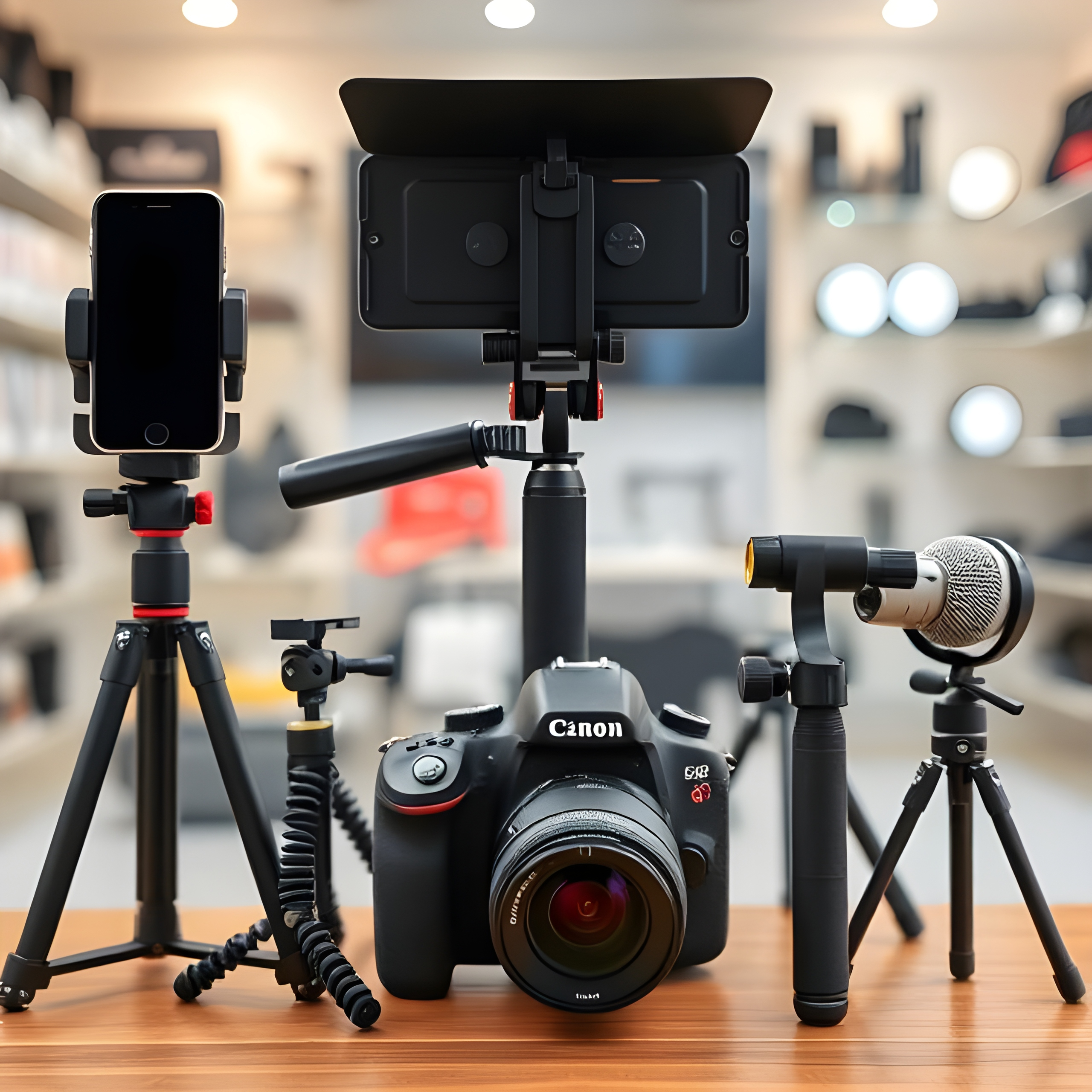 Essential gear for filming homemade adult content, including a camera, microphone, smartphone, and phone stand