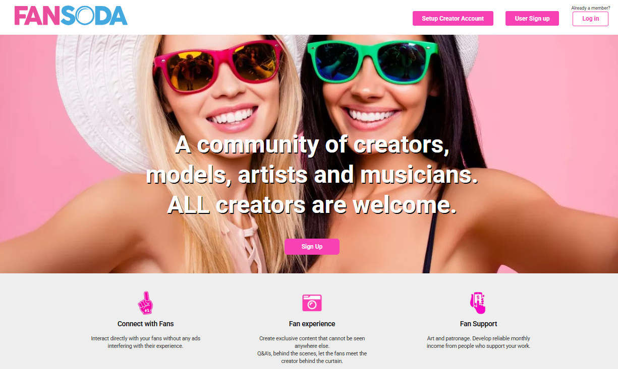 FanSoda homepage with two smiling women