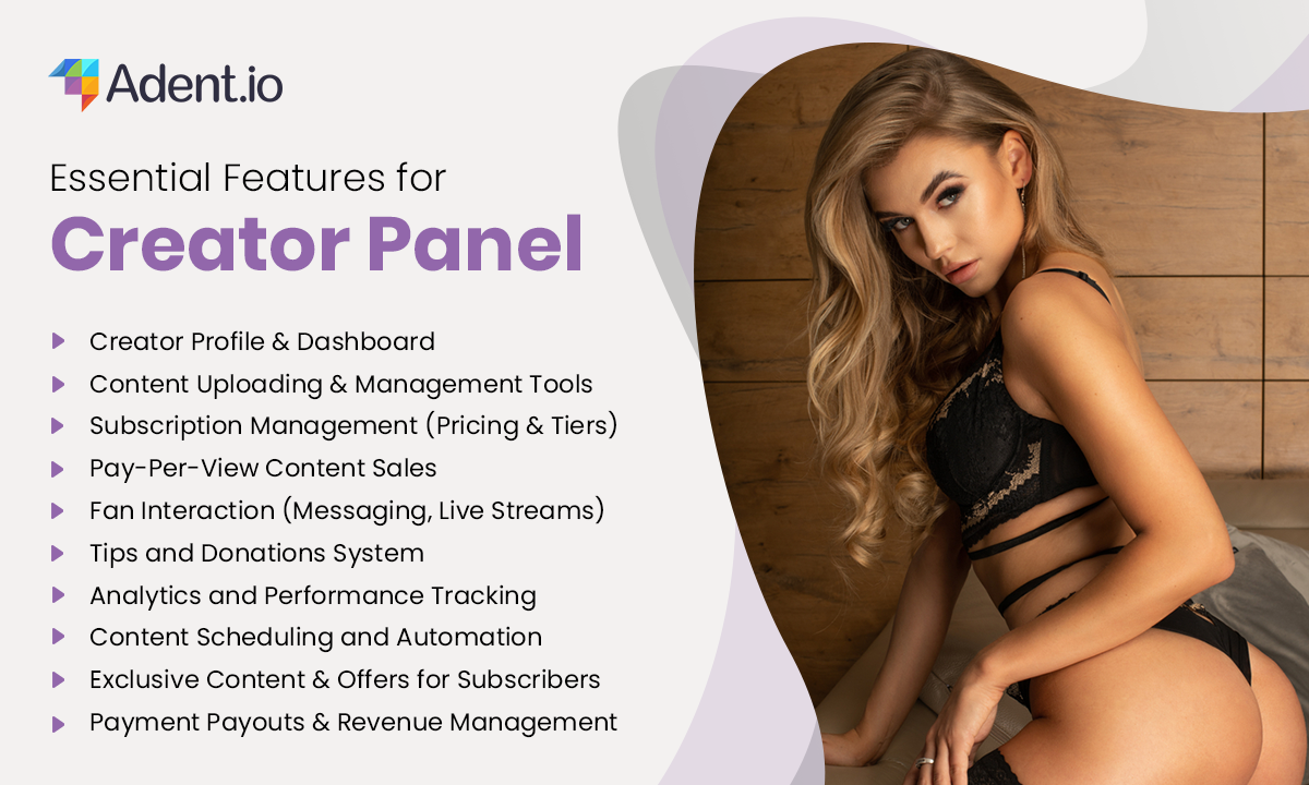 Infographics explain Creator panel features for OnlyFans clone, from profile setup to revenue management.