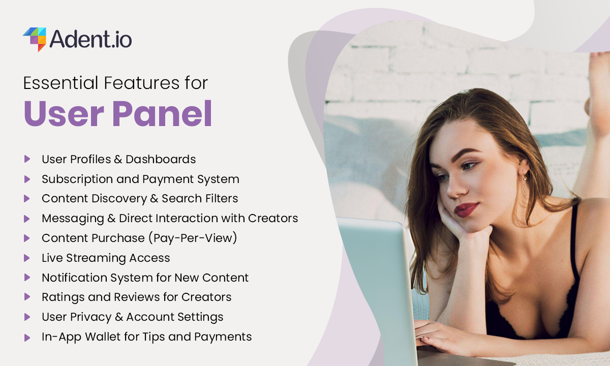 Infographic listing essential user panel features for OnlyFans clone, from user profiles to content uploads, chat, and payments.
