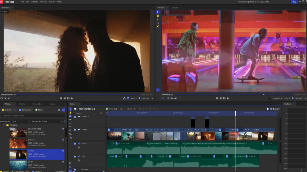 HitFilm video editor interface showing timeline and tools for editing amateur adult content with professional effects.
