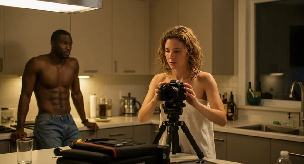 Behind-the-scenes of filming homemade adult content in a kitchen.