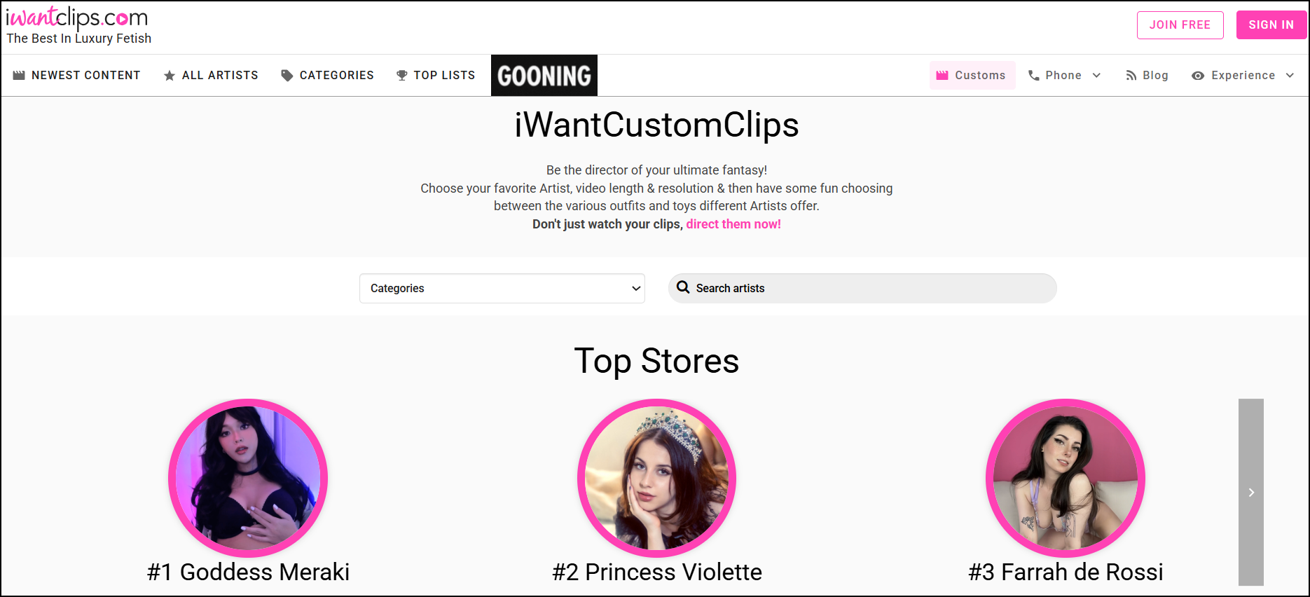 iwantclips user interface to sell custom video
