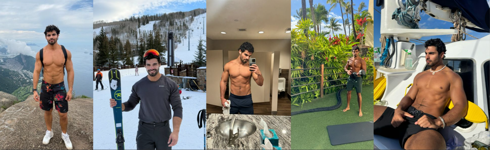 Diego Souza male escort in various place such as hiking, skiing, gym, beach workout, and luxury yacht.