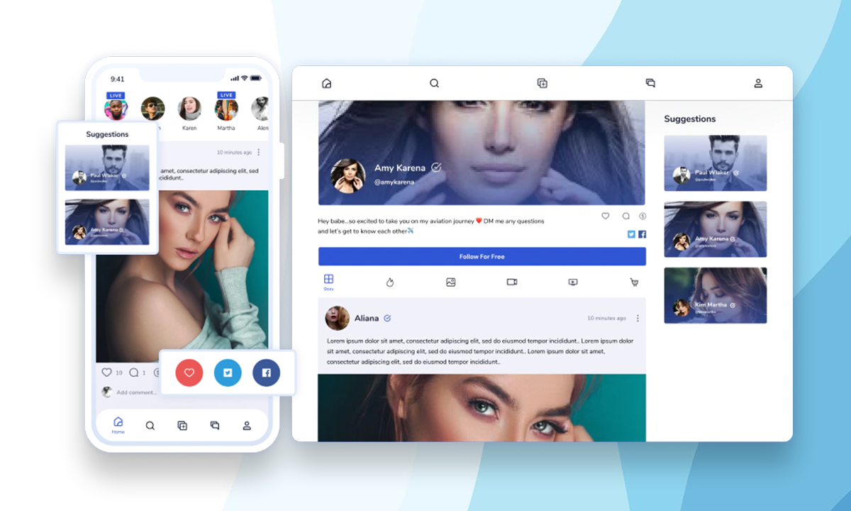 Mobile and desktop UI mockup of a social media platform resembling OnlyFans.