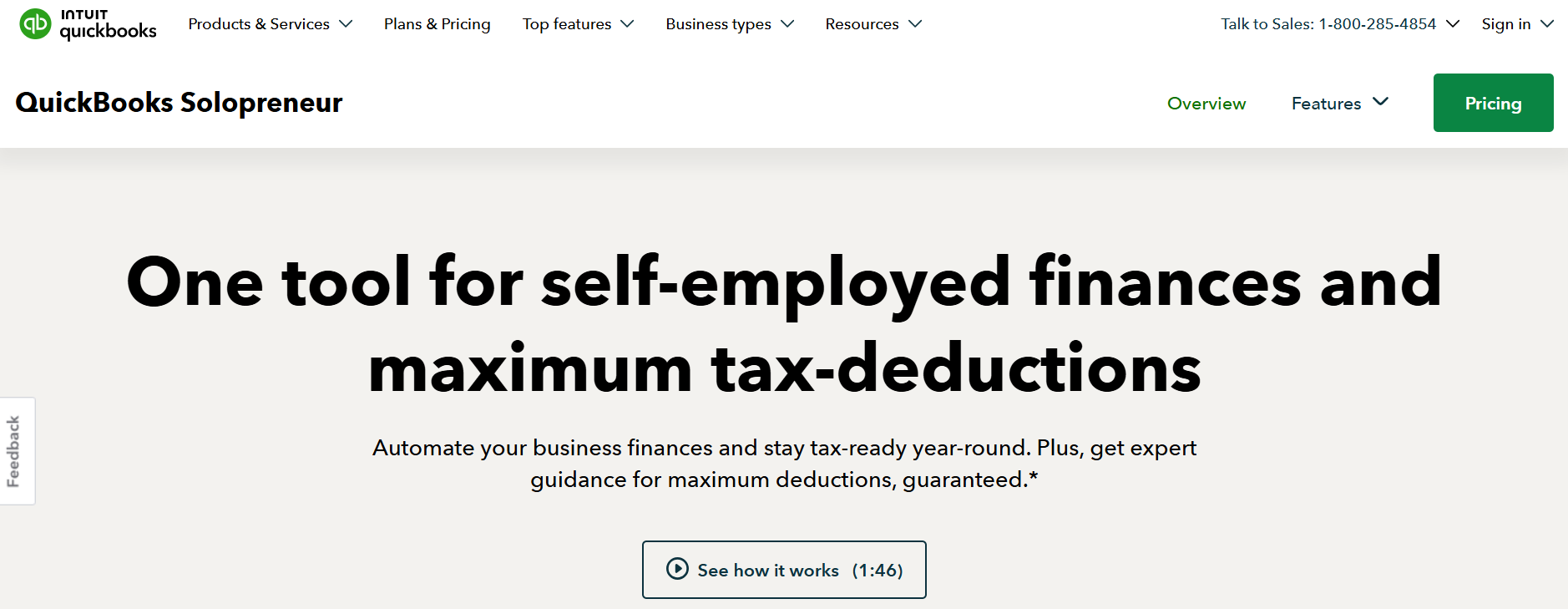 QuickBooks Solopreneur homepage highlighting tools for self-employed finances and maximum tax-deductions