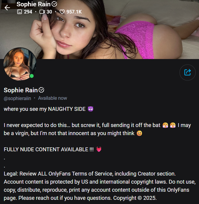 Sophie Rain OnlyFans profile with user bio
