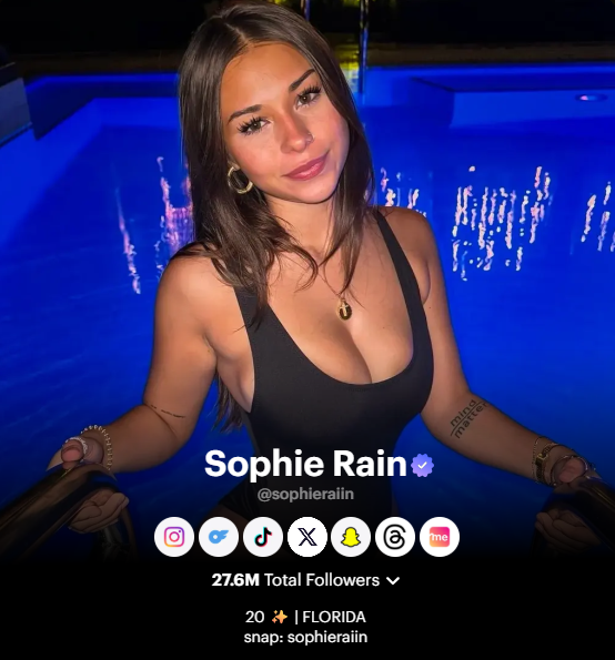 Screenshot of Sophie Rain’s smartlink showing various social media platforms for fans to connect with her.