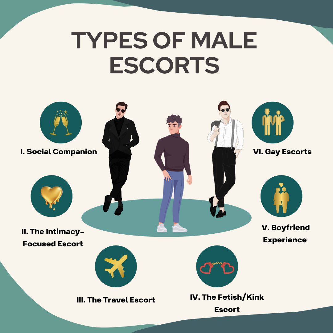 Infographic showing 5 types of male escorts: Social Companion, Intimacy, Travel, Kink, and Boyfriend Experience.