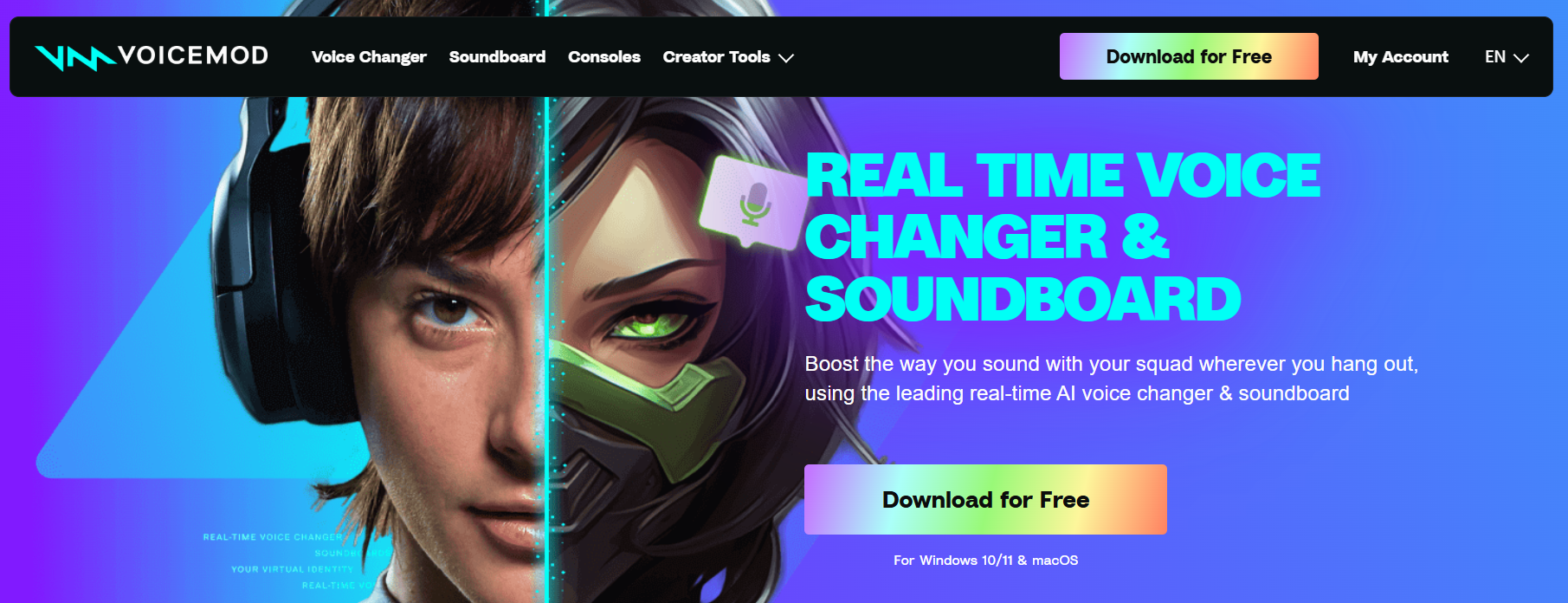 VoiceMod homepage with Download for Free button visible
